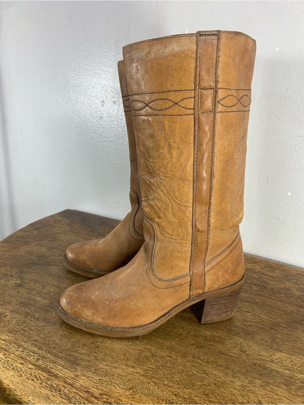 Vintage Western Cowboy Boots Brown Leather Tall Pull-On Riding Boots Made